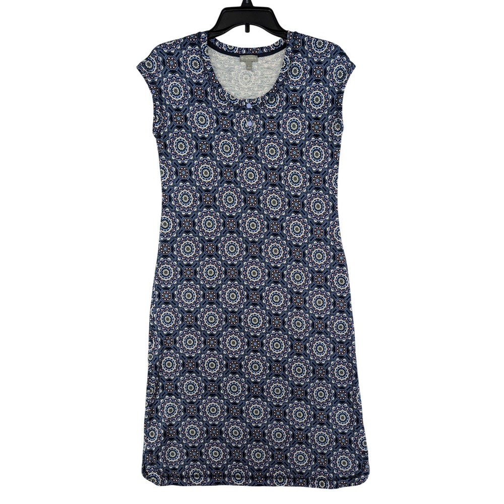 T by Talbots Dress Womens S Blue Medallion Print Cap Sleeve Pocket Jersey Sheath